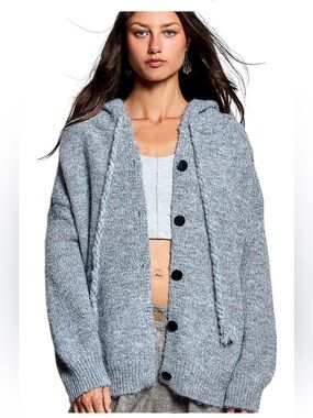 POL Steel Blue Hooded Button Down Cardigan